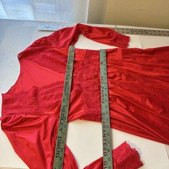 Vtg Womens Robe Long Red Poly Lace Lingerie Medium Gothic Fairy 80s - Picture 2 of 9